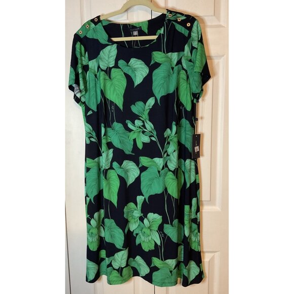 Tommy Hilfiger Navy & Green Leaves Tropical Midi Dress Size 16W New $109 - Picture 1 of 5